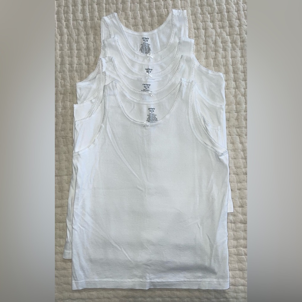 4 Brand new girls Carter’s cami tanks, size 10/12, white, cotton, tag free label